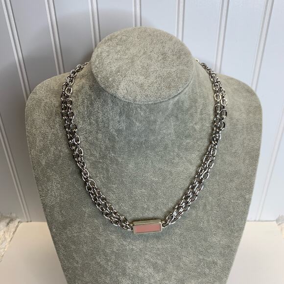 Silver Pink Enamel Rectangle Double Chain Necklace 21" - Picture 1 of 3